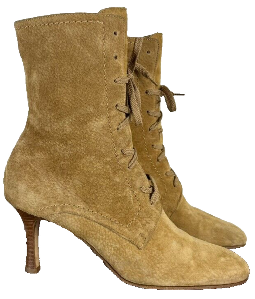 Isaac Mizrahi Boots Womens 8M Tan Made In Italy Suede Heels Lace Up